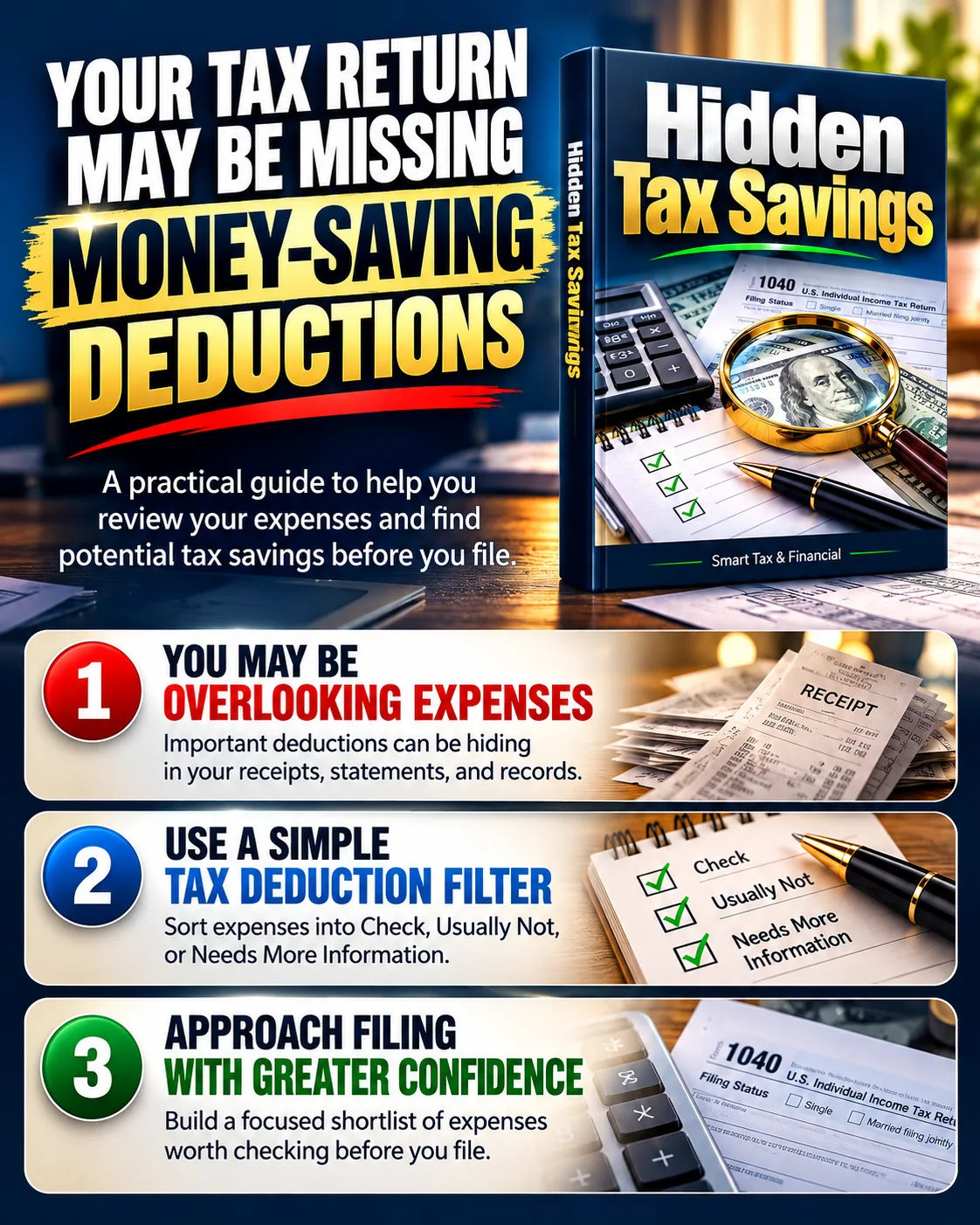 Hidden Tax Savings three-step tax deduction filter infographic